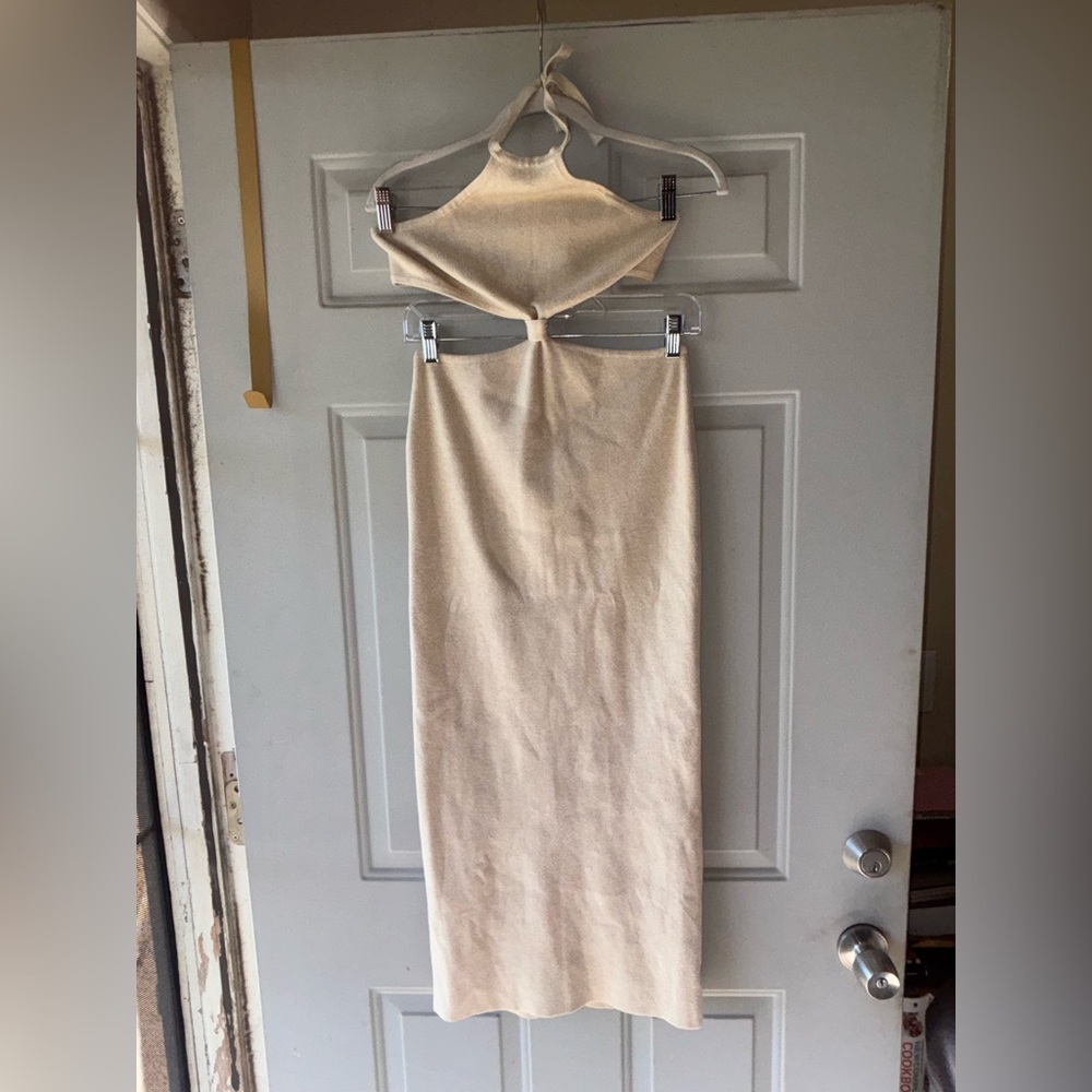 Peppermayo Beige Cutout Halter Midi Dress